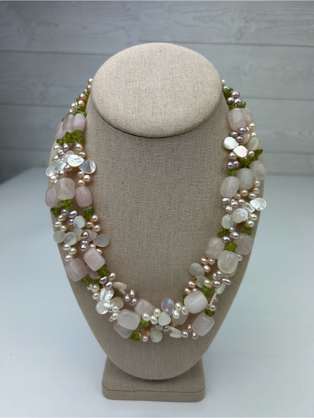 Mother Of Pearl, Peridot, Rose Quartz, 3 Strand 19-22” Necklace Sterling Chain